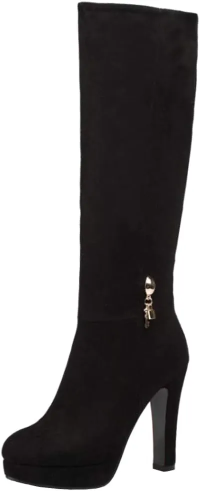 Scaoruki Women Elegant Mid Top Boots Block Heels High Boots Platform