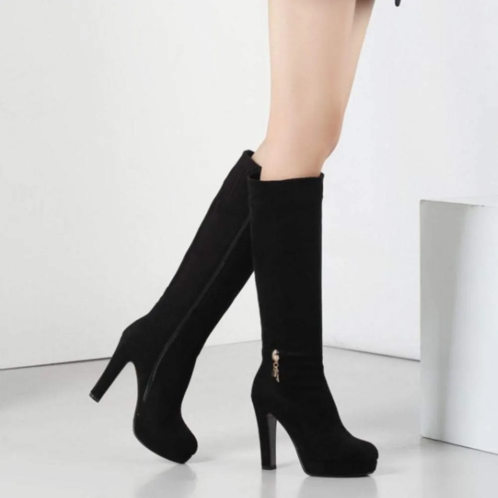 Scaoruki Women Elegant Mid Top Boots Block Heels High Boots Platform