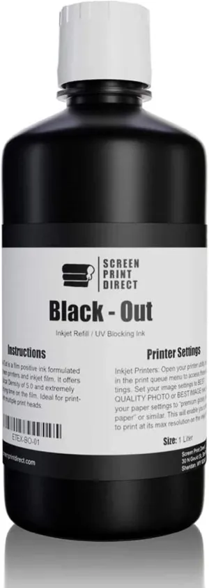 Screen Print Direct UV Blocking Ink Refill (1 LTR) - Universal Inkjet Refill for Film Positives, High Opacity Black Ink for Waterproof Inkjet Film