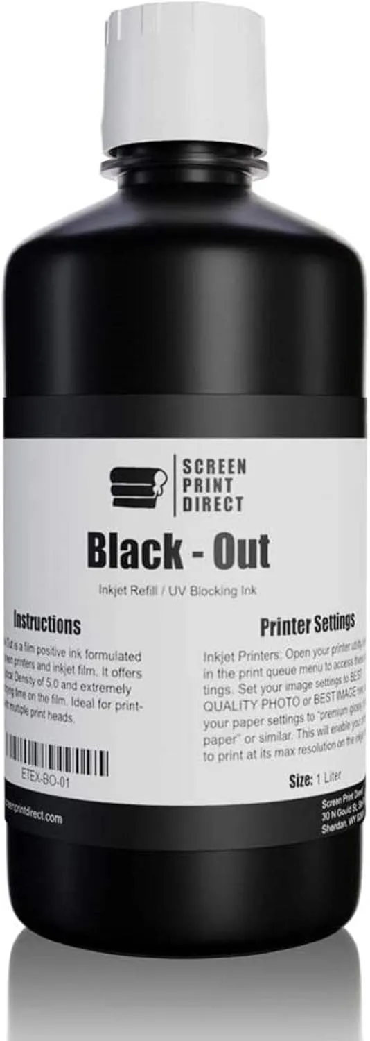Screen Print Direct UV Blocking Ink Refill (1 LTR) - Universal Inkjet Refill for Film Positives, High Opacity Black Ink for Waterproof Inkjet Film