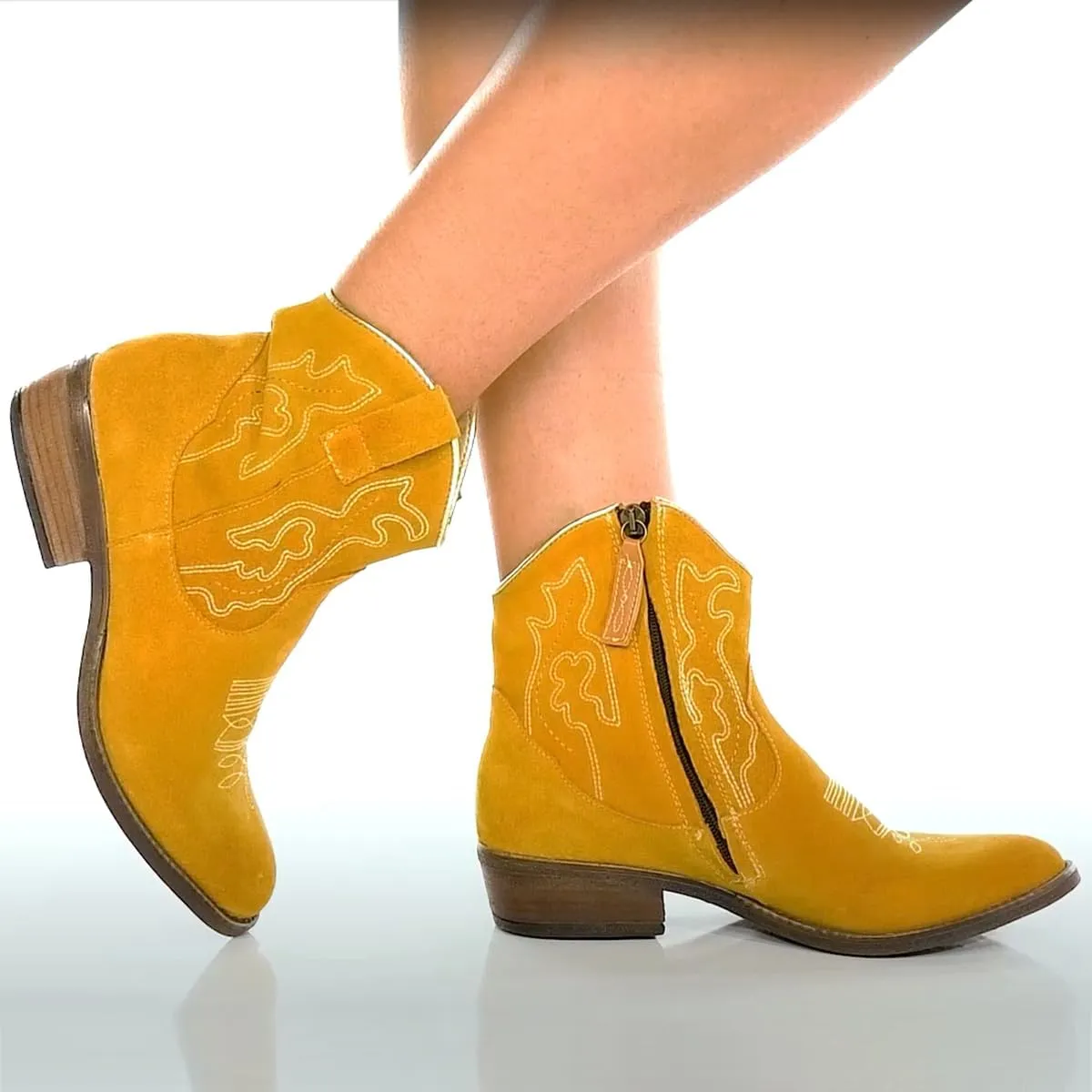 SHODENSE Cowboy Boots Women Embroidered Ankle Booties Low Chunky Stacked Heel Pointed Toe Mid Calf Western Boots Zipper Suede Cowgirl Boot Wide Calf Snip Toe Vintage Fall Boot Exotic Comfort 4-11 M US