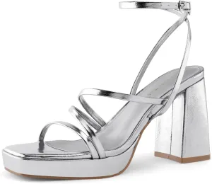 Shoe'N Tale Platform Heels for Women Strappy Block Chunky Heels Square Toe Ankle Buckle Sandals