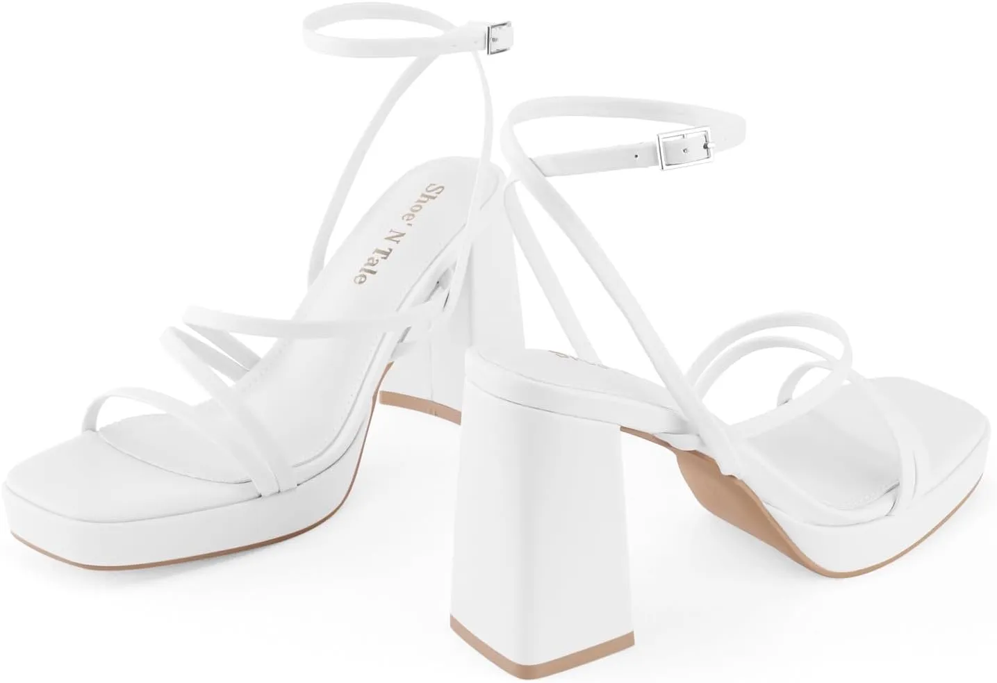 Shoe'N Tale Platform Heels for Women Strappy Block Chunky Heels Square Toe Ankle Buckle Sandals