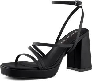 Shoe'N Tale Platform Heels for Women Strappy Block Chunky Heels Square Toe Ankle Buckle Sandals