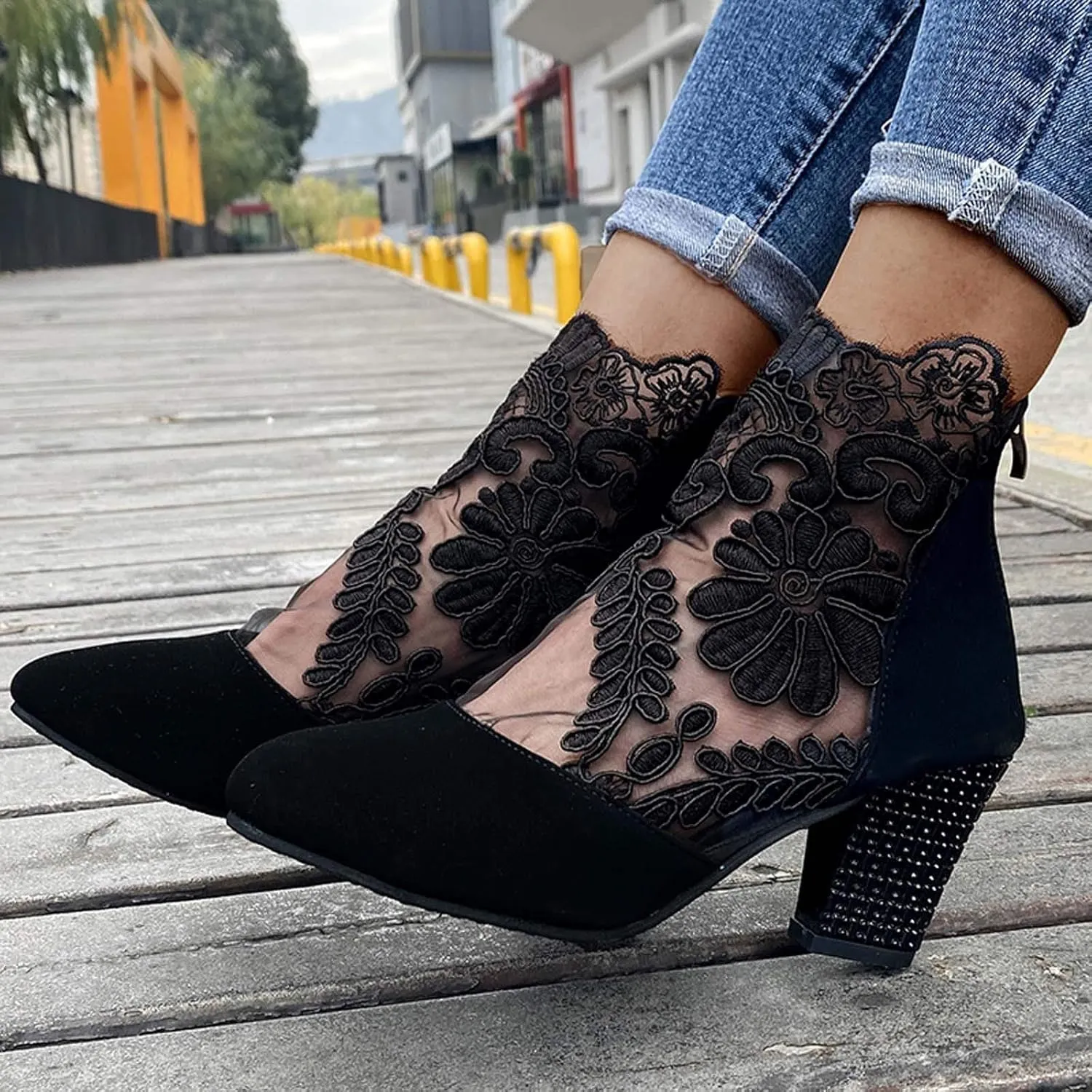 Shoes for Women Sandals, Womens Sandals Sexy Hollow Floral Lace Chunky High Heels Peep Toe Platform Boots