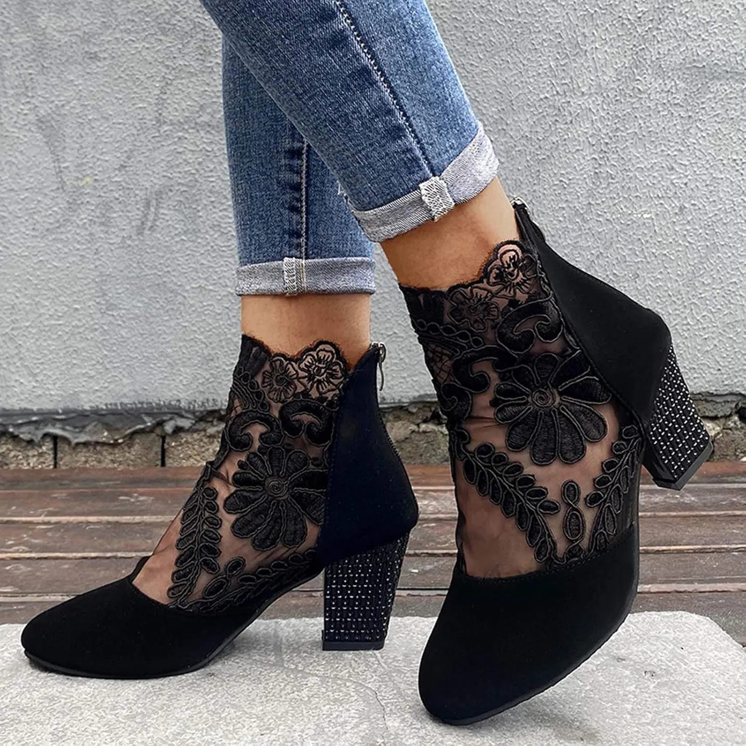 Shoes for Women Sandals, Womens Sandals Sexy Hollow Floral Lace Chunky High Heels Peep Toe Platform Boots