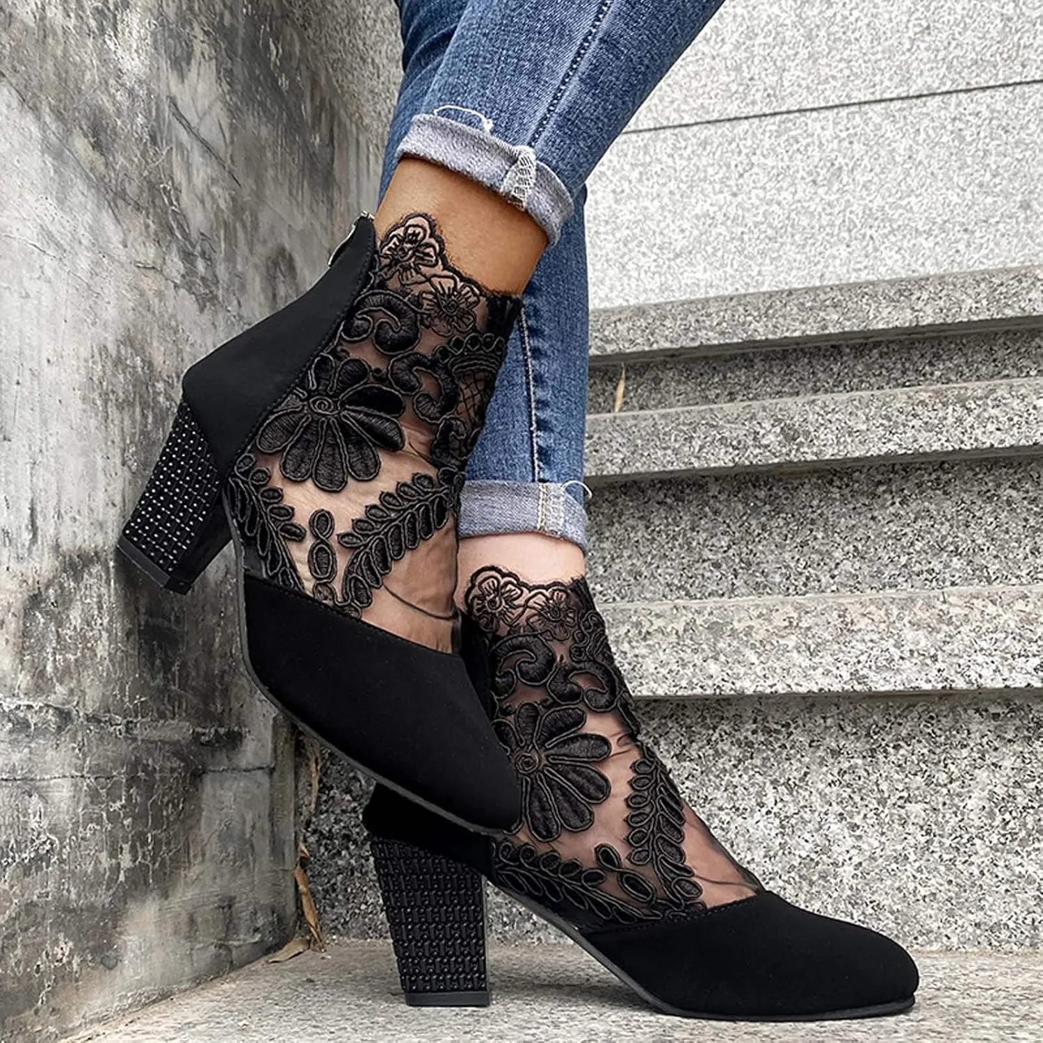 Shoes for Women Sandals, Womens Sandals Sexy Hollow Floral Lace Chunky High Heels Peep Toe Platform Boots