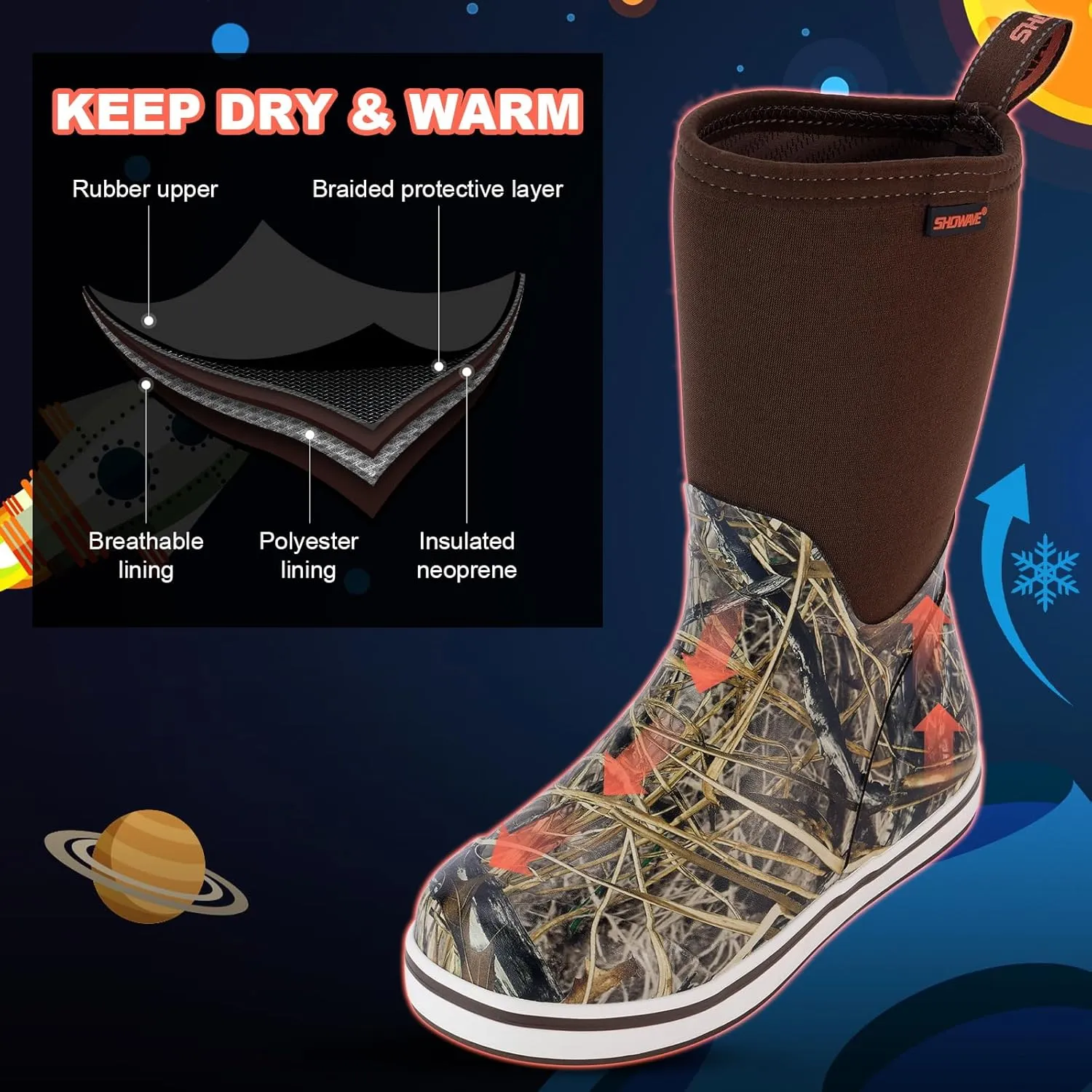 Showave Kid's Mid Calf Deck Boots Boys Girls Waterproof Insulated Rubber Rain Boots Durable Mud Boots for Cold Day