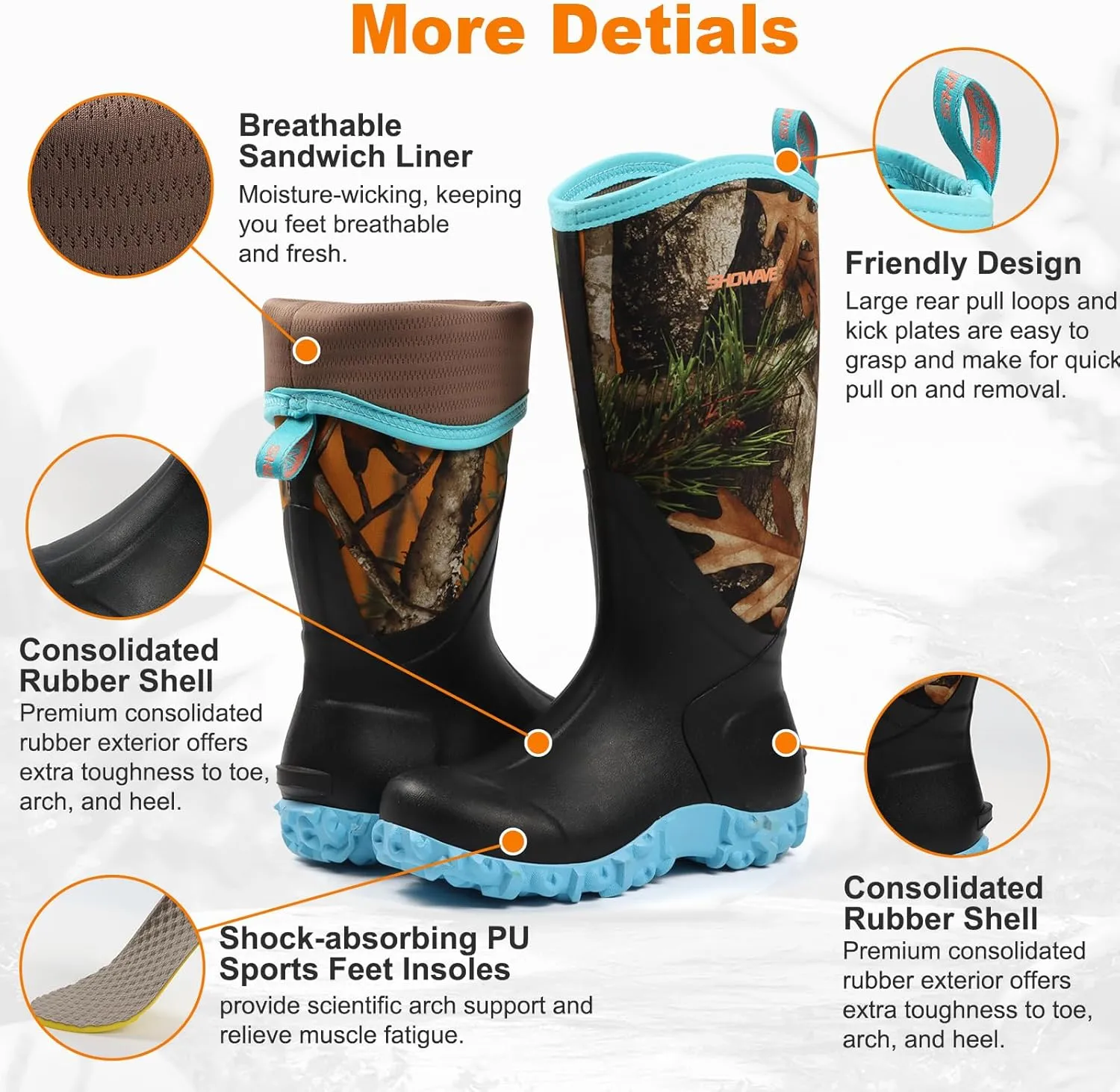 Showave Rain Boots for Women Waterproof Insulated Rubber Neoprene Boot Durable Mud Boots for Farming Raining Gardening Chore Work