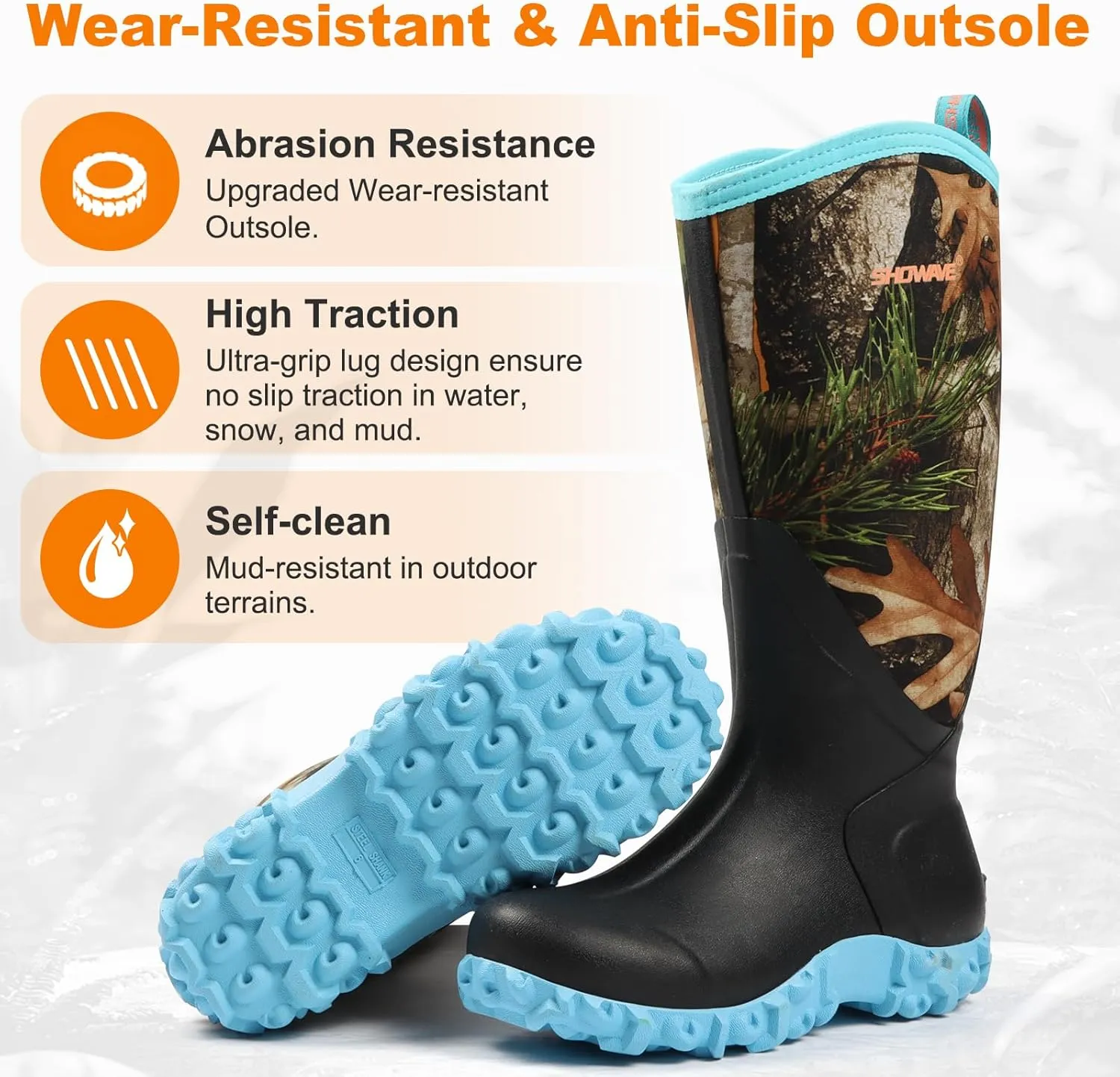 Showave Rain Boots for Women Waterproof Insulated Rubber Neoprene Boot Durable Mud Boots for Farming Raining Gardening Chore Work