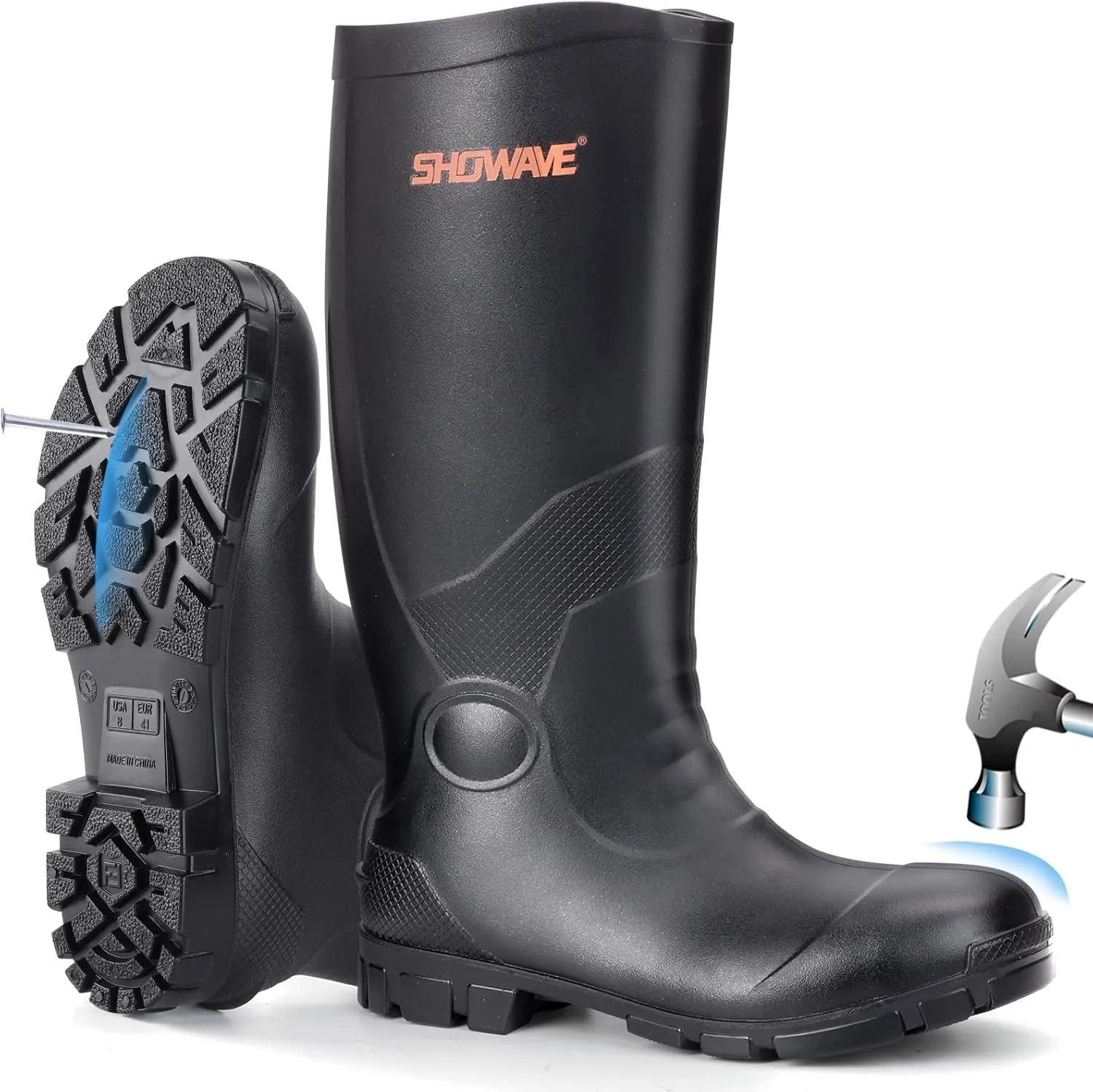 Showave Steel Toe Boots for Men Rubber Work Boot Waterproof Durable Concrete Booties for Hunting Manufacturing Construction