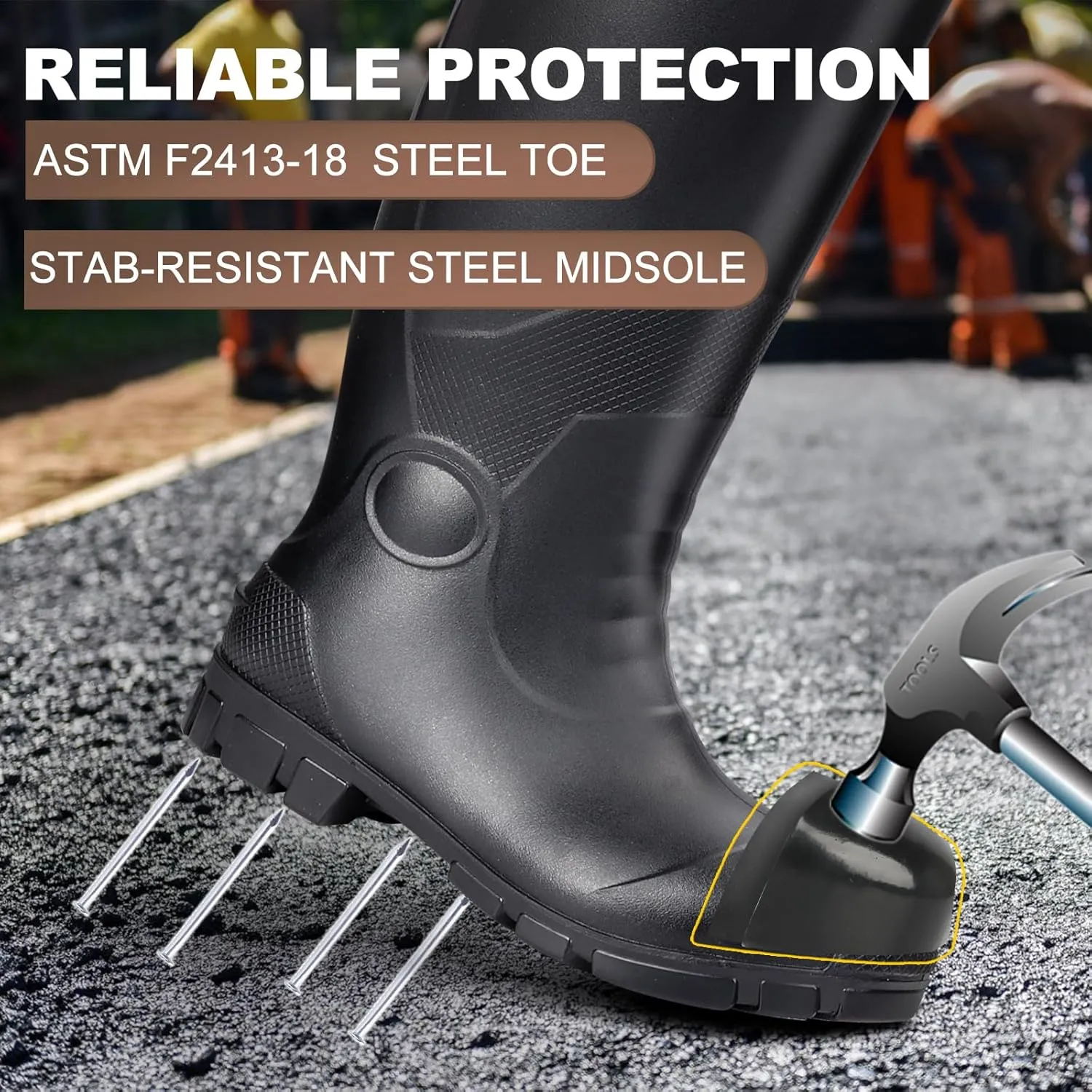 Showave Steel Toe Boots for Men Rubber Work Boot Waterproof Durable Concrete Booties for Hunting Manufacturing Construction