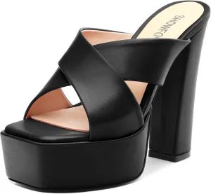 SHOWFOREST Heels for Women Platform Block High Heel Square Open Toe Matte 5 Inch Sandals Slip on Fashion Party Wedding Dating Dress Shoes