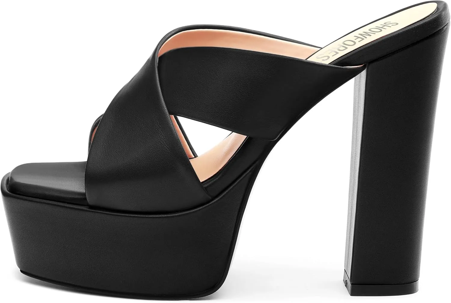 SHOWFOREST Heels for Women Platform Block High Heel Square Open Toe Matte 5 Inch Sandals Slip on Fashion Party Wedding Dating Dress Shoes