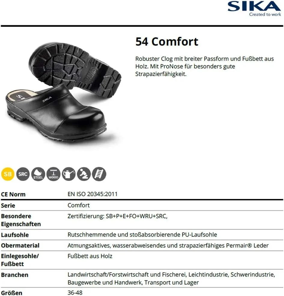 SIKA 54 Comfort Robust Clog - Wide fit and Wooden Footbed - Ideal for Agriculture, Forestry and Fishing, Light and Heavy Industry, Construction and Crafts, Transport and Storage