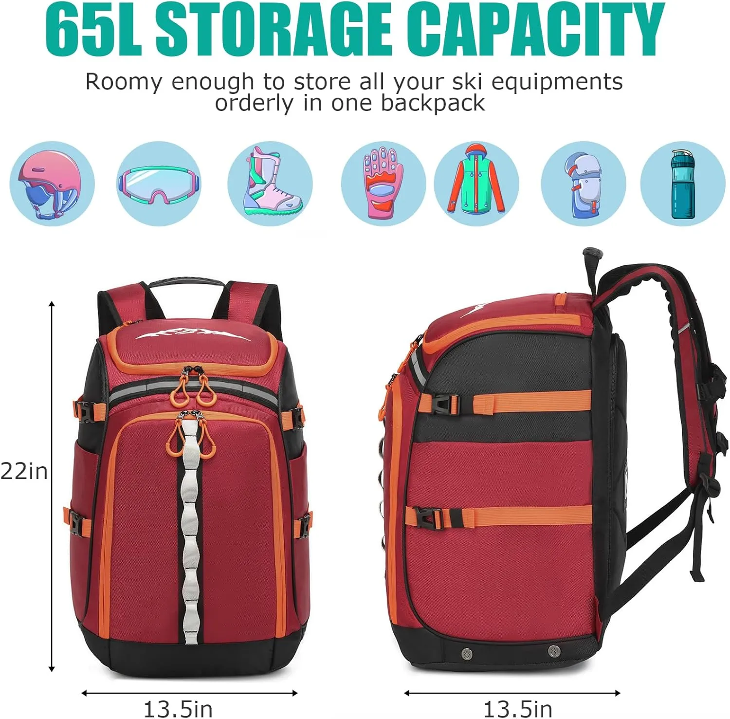 Ski Boot Bag, 65L Ski Boot Travel Backpack for Ski Helmet, Goggles, Gloves, Skis, Snowboard & Accessories, Waterproof Ski Bag, Durable and Stylish