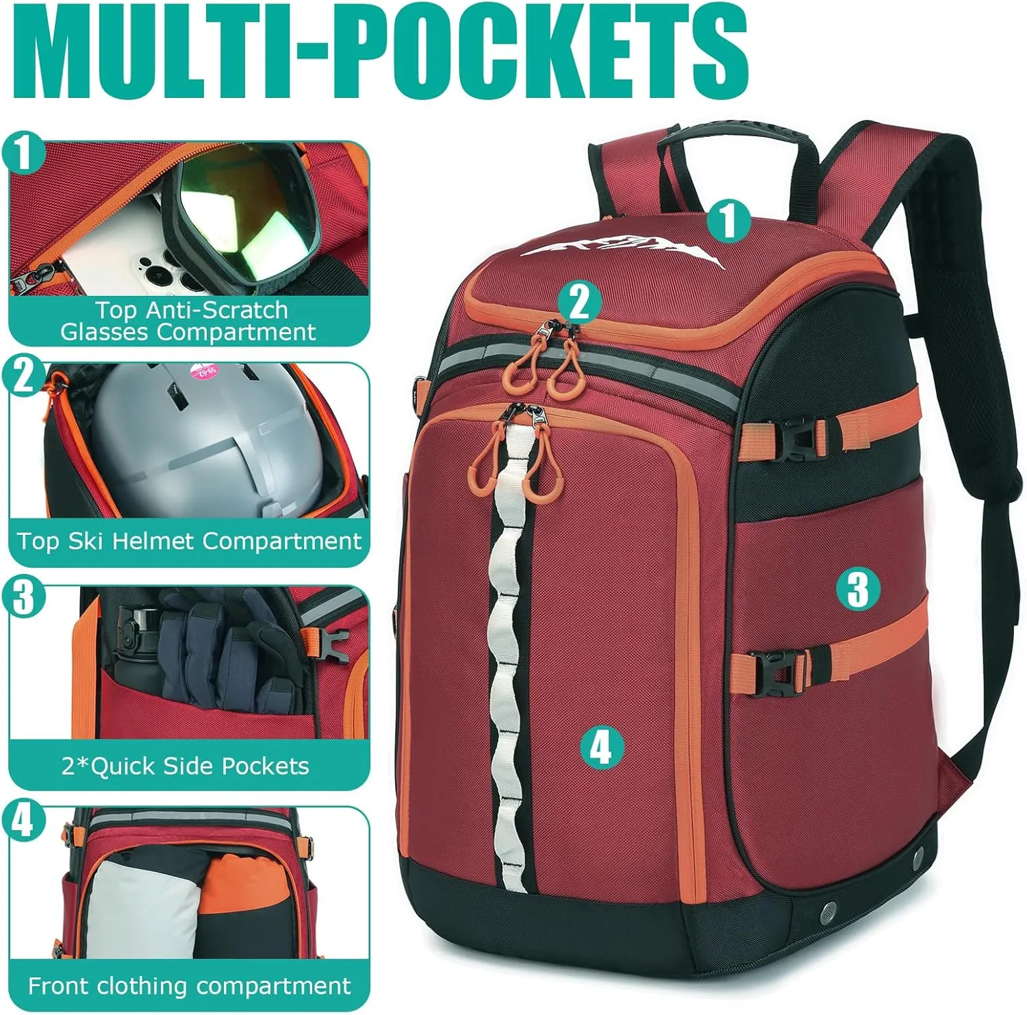 Ski Boot Bag, 65L Ski Boot Travel Backpack for Ski Helmet, Goggles, Gloves, Skis, Snowboard & Accessories, Waterproof Ski Bag, Durable and Stylish