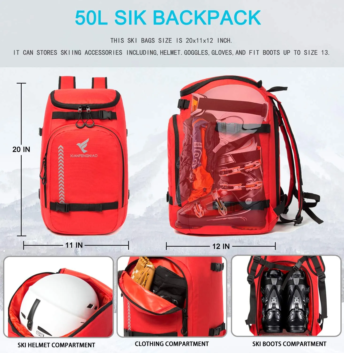 Ski Boot Bag,50L Waterproof Ski Boot Travel Backpack for Snowboard Boots, Skiing Helmet, Goggles, Gloves, Skis, Snowboard & Accessories for Men,Women and Youth