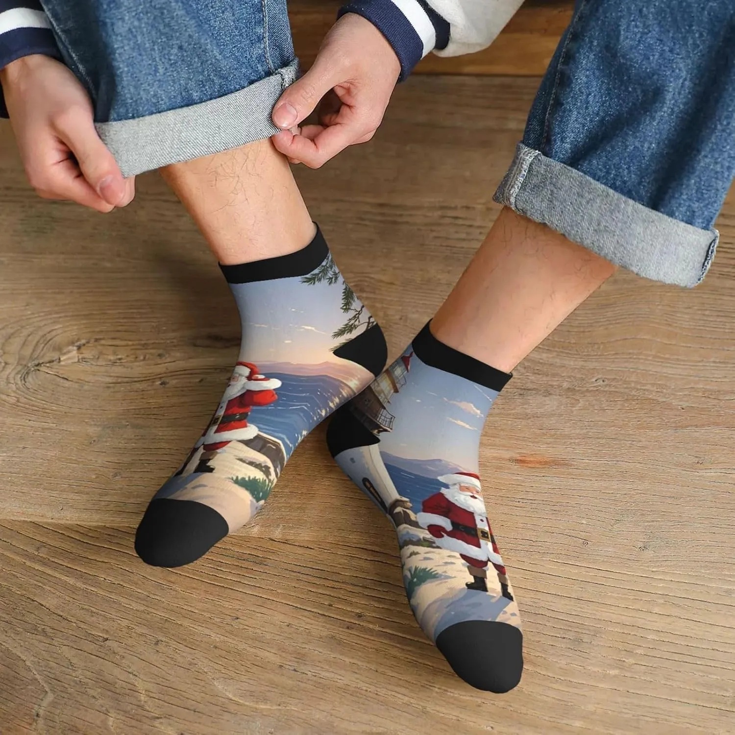 Socks for Women Men Breathable Moisture Wicking Boot Socks Santa Claus Lighthouse Warm Calf Socks