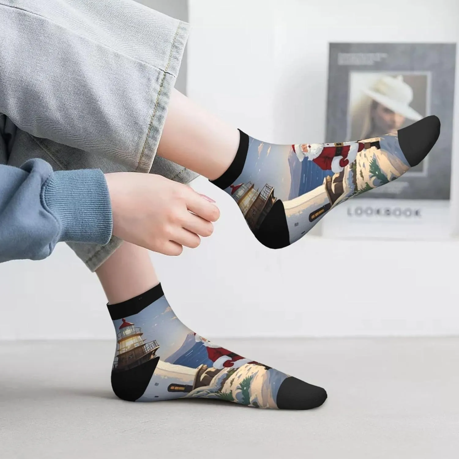 Socks for Women Men Breathable Moisture Wicking Boot Socks Santa Claus Lighthouse Warm Calf Socks