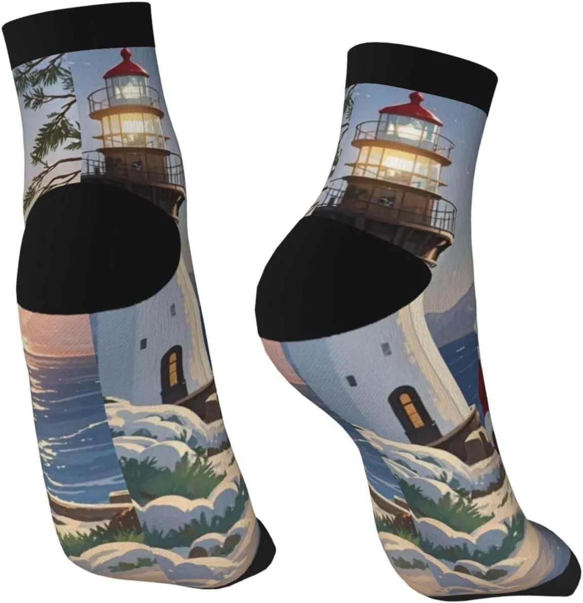 Socks for Women Men Breathable Moisture Wicking Boot Socks Santa Claus Lighthouse Warm Calf Socks