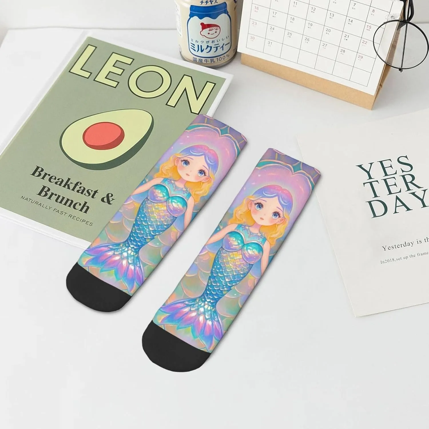Socks for Women Men Breathable Warm Boot Socks Dreamy Gradient Mermaid Scales Calf Socks for Hiking Work