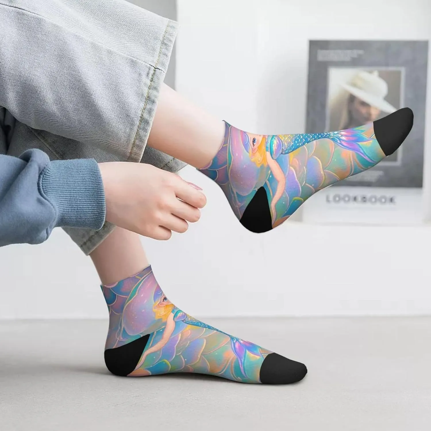 Socks for Women Men Breathable Warm Boot Socks Dreamy Gradient Mermaid Scales Calf Socks for Hiking Work