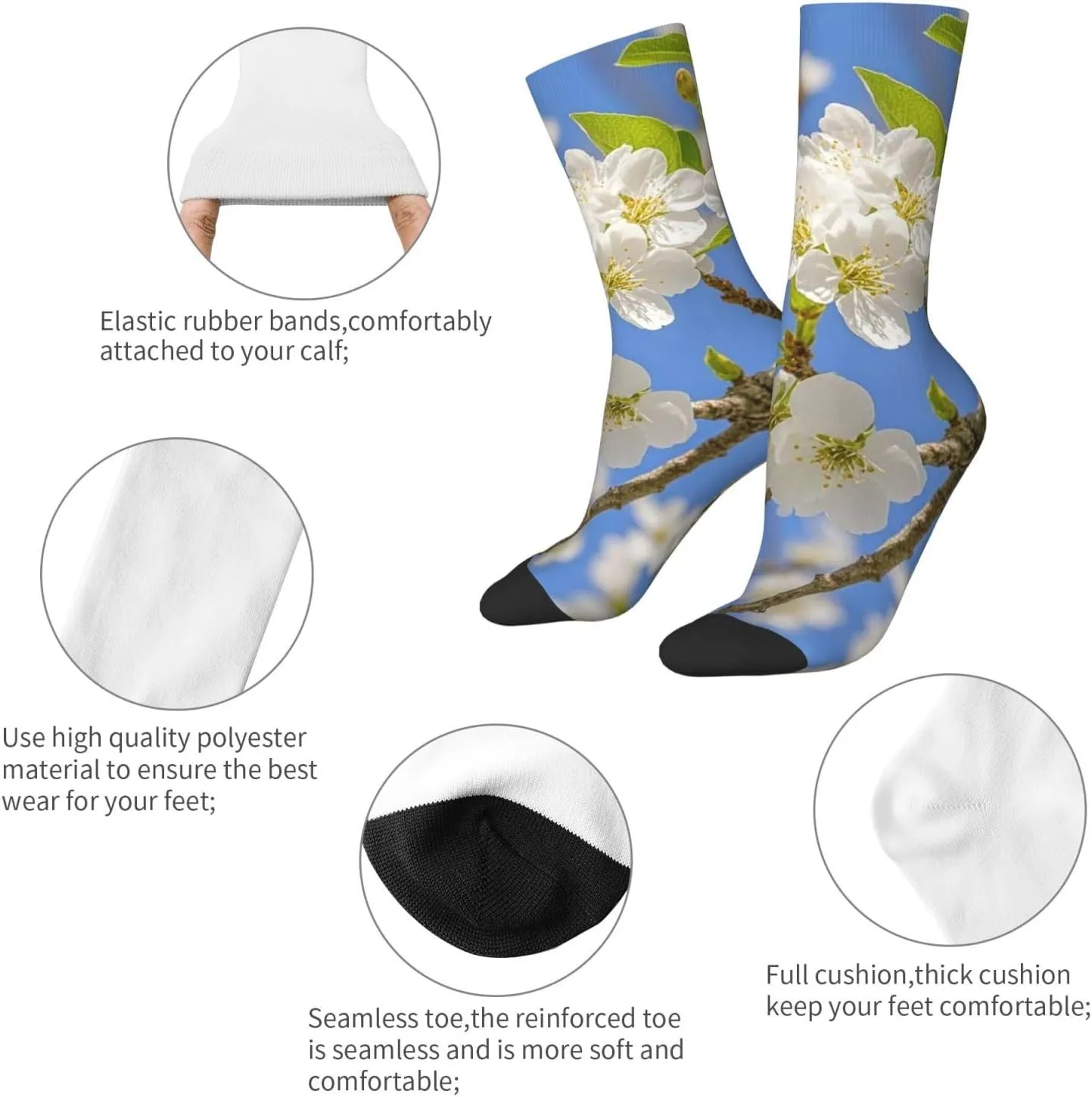 Socks for Women Men Warm Breathable Boot Socks Cherry Blossoms Calf Socks Crew Sock for Hiking