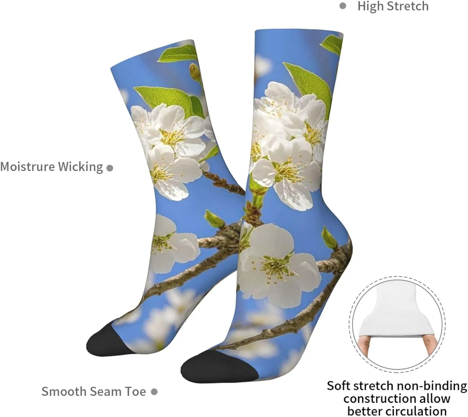 Socks for Women Men Warm Breathable Boot Socks Cherry Blossoms Calf Socks Crew Sock for Hiking