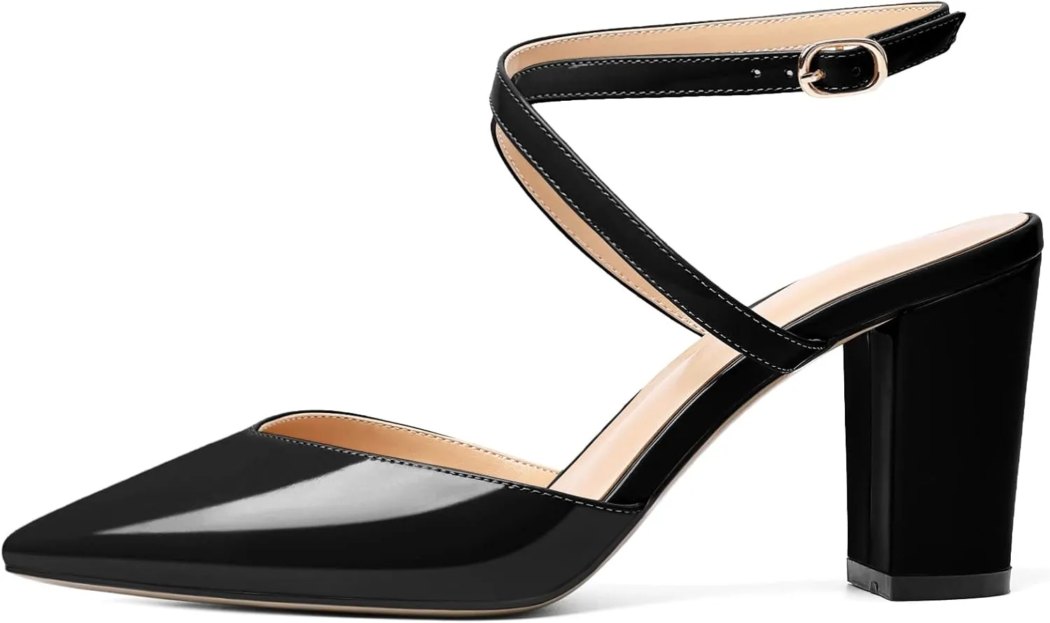 Soireelady Womens Block Chunky High Heel Sandals|Crisscross Ankle Strap Block Heels |Point Toe Patent Leather High Heels Elegant Shoes for Party, Wedding and Evening