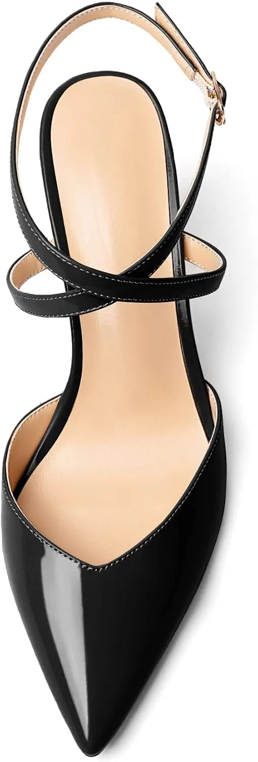 Soireelady Womens Block Chunky High Heel Sandals|Crisscross Ankle Strap Block Heels |Point Toe Patent Leather High Heels Elegant Shoes for Party, Wedding and Evening