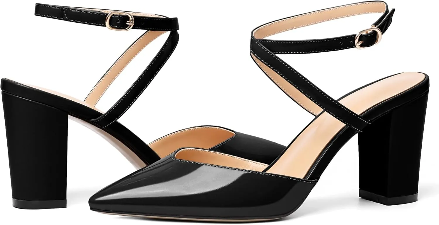 Soireelady Womens Block Chunky High Heel Sandals|Crisscross Ankle Strap Block Heels |Point Toe Patent Leather High Heels Elegant Shoes for Party, Wedding and Evening