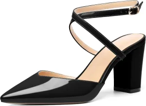 Soireelady Womens Block Chunky High Heel Sandals|Crisscross Ankle Strap Block Heels |Point Toe Patent Leather High Heels Elegant Shoes for Party, Wedding and Evening
