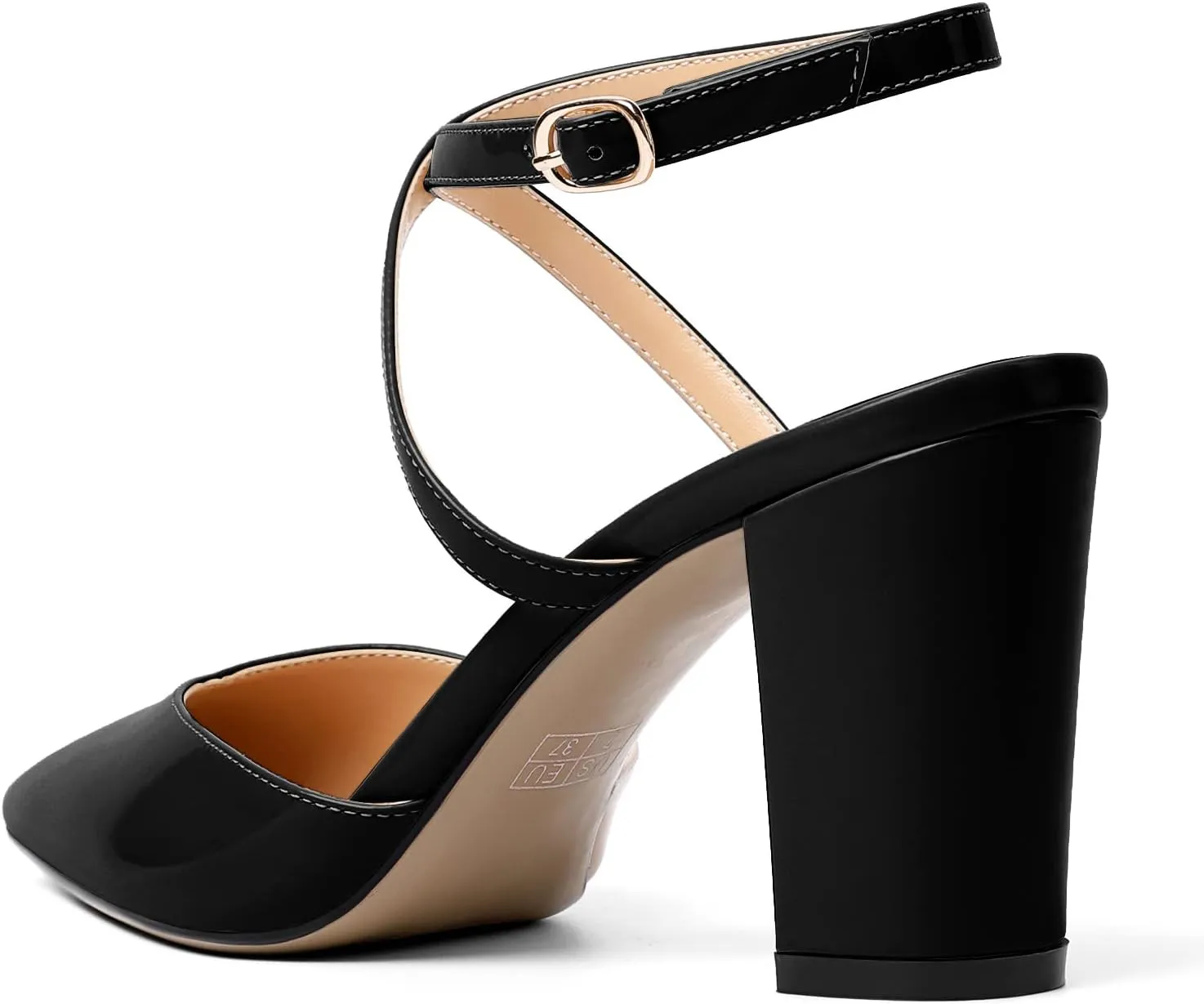 Soireelady Womens Block Chunky High Heel Sandals|Crisscross Ankle Strap Block Heels |Point Toe Patent Leather High Heels Elegant Shoes for Party, Wedding and Evening