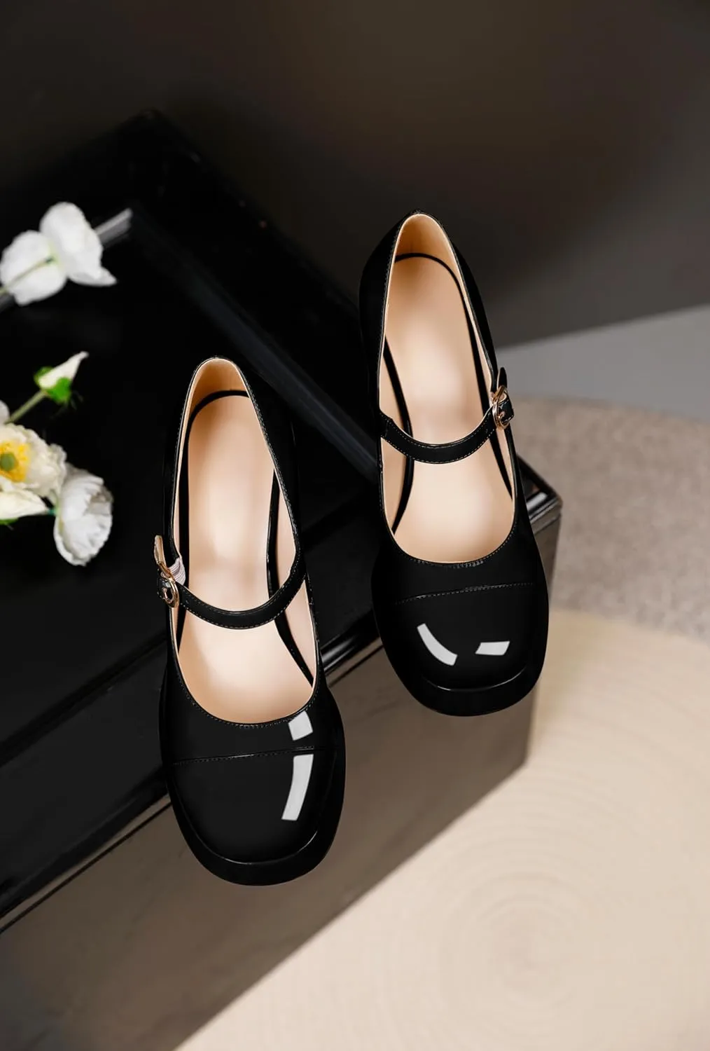 Soireelady Womens Chunky Platform Heels, Mary Jane Shoes Block Heel Pumps, High Heel Square Closed Toe Heels Ankle Strap Dress Shoes Comfort Fashion 4 Inches