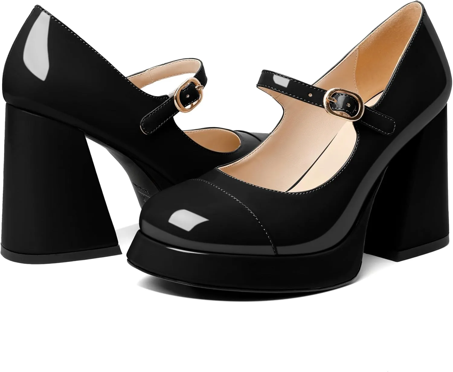 Soireelady Womens Chunky Platform Heels, Mary Jane Shoes Block Heel Pumps, High Heel Square Closed Toe Heels Ankle Strap Dress Shoes Comfort Fashion 4 Inches