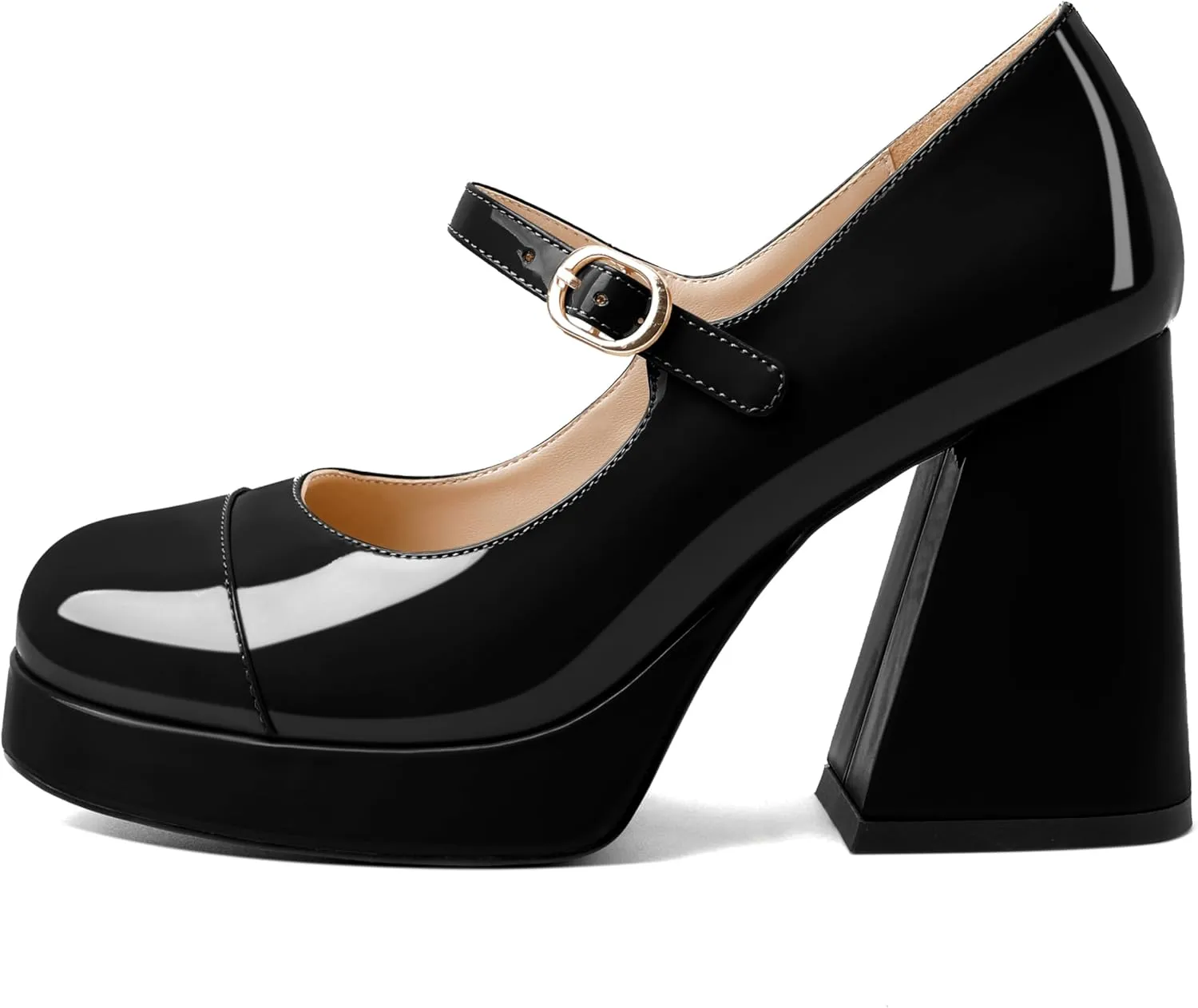Soireelady Womens Chunky Platform Heels, Mary Jane Shoes Block Heel Pumps, High Heel Square Closed Toe Heels Ankle Strap Dress Shoes Comfort Fashion 4 Inches