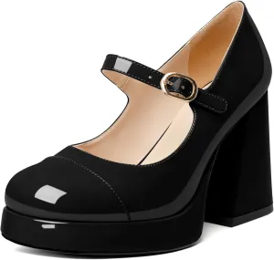Soireelady Womens Chunky Platform Heels, Mary Jane Shoes Block Heel Pumps, High Heel Square Closed Toe Heels Ankle Strap Dress Shoes Comfort Fashion 4 Inches