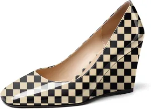 Soireelady Womens Square Toe Wedges High Heel Pumps Slip On Wedge Heels Classic Wedge Pumps Patent Leather Elegant Dressy Daily Shoes