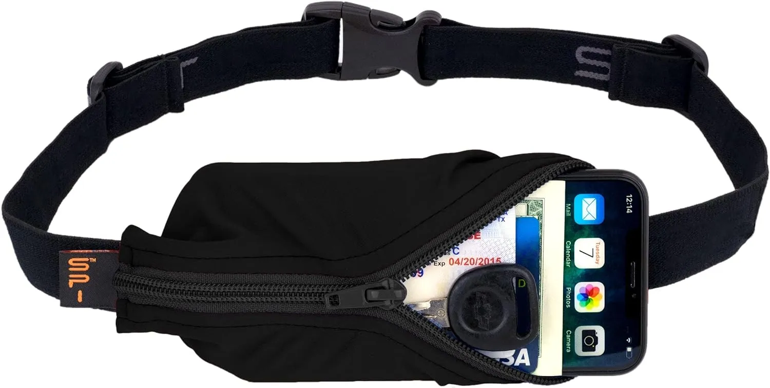 SPIbelt Original Pocket Running Belt for Women Men, Phone Holder for Running, Running Fanny Pack, Holder for Phone, Running Waist Pack, Expandable, Adjustable. Black with Black Zipper