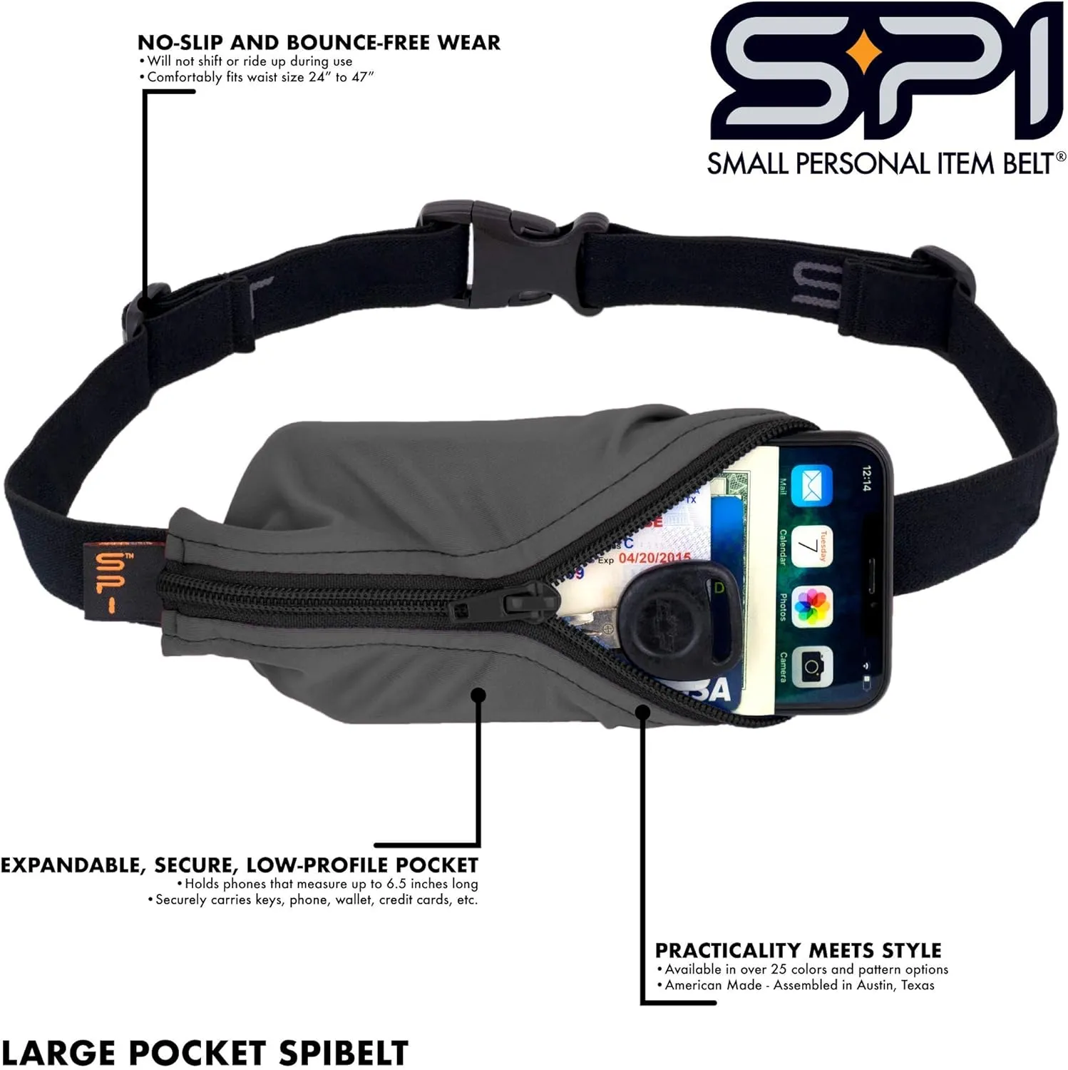 SPIbelt Original Pocket Running Belt for Women Men, Phone Holder for Running, Running Fanny Pack, Holder for Phone, Running Waist Pack, Expandable, Adjustable. Black with Black Zipper