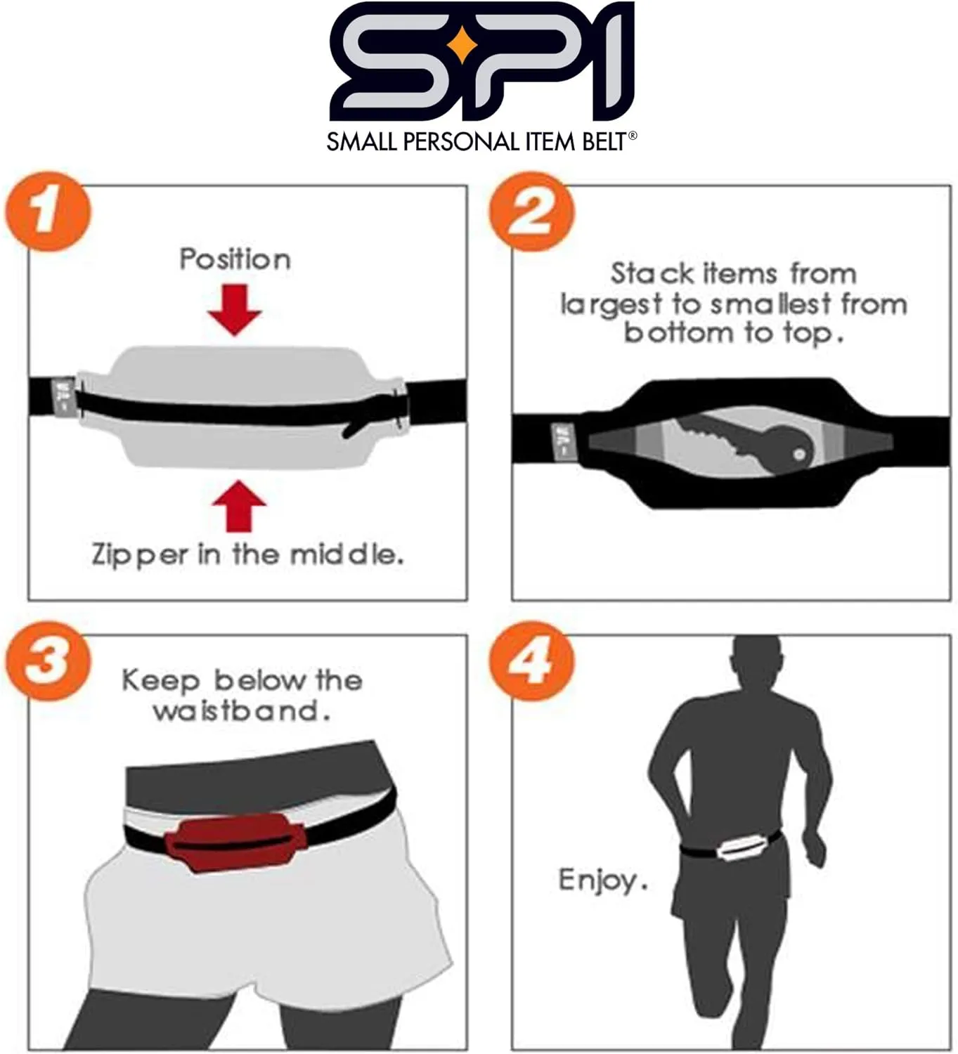 SPIbelt Original Pocket Running Belt for Women Men, Phone Holder for Running, Running Fanny Pack, Holder for Phone, Running Waist Pack, Expandable, Adjustable. Black with Black Zipper