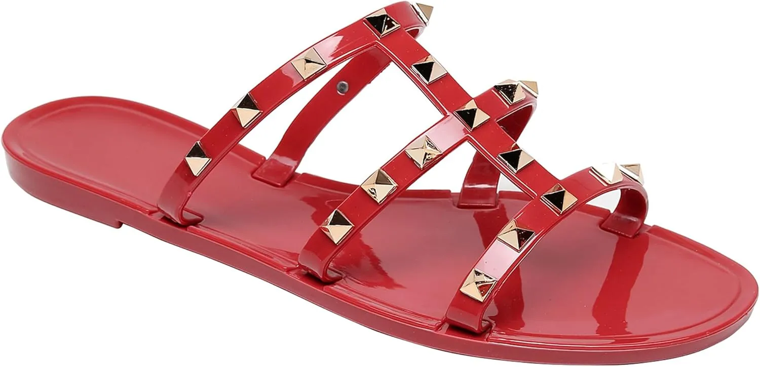 Studded Sandals for Womens Jelly Shoes Flats Stud Slides Slip On Dressy Black Jellies Slippers Summer Beach with Rivets