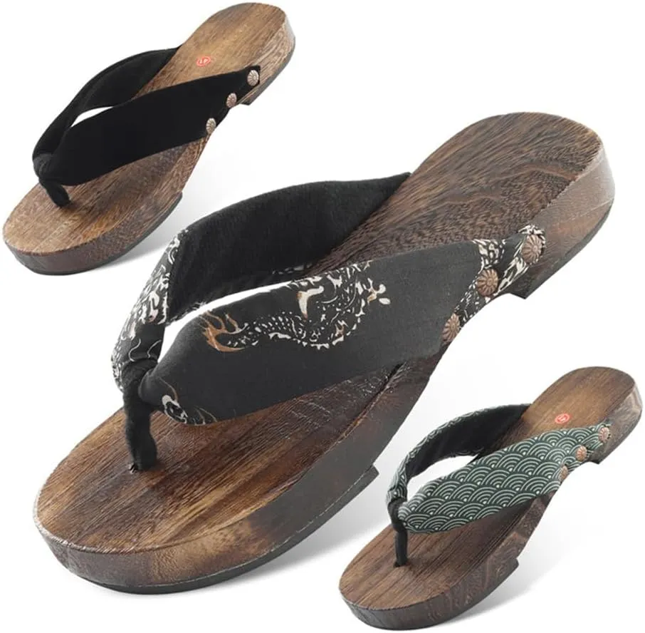Summer Men's Japanese clogs Slippers,Flip flops Wooden Traditional Kimono Geta Sandals,Casual and Fashionable Beach Shoes for Home and Outdoor Wear