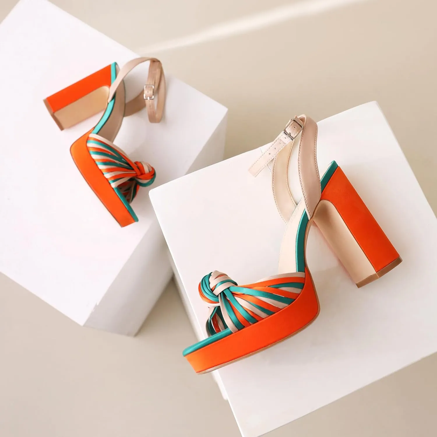 sun gurg Strappy Platform Heels for Women Square Open Toe Chunky High Heels Multicolored Ankle Strap Block Heeled Sandals for Prom Wedding Date Night