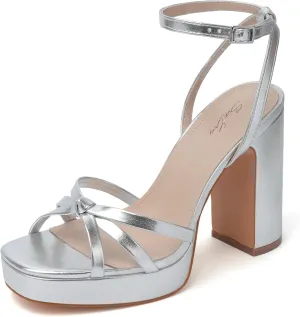 sun gurg Strappy Platform Heels for Women Square Open Toe Chunky High Heels Multicolored Ankle Strap Block Heeled Sandals for Prom Wedding Date Night