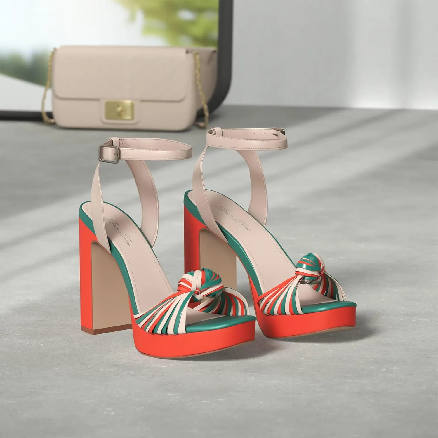 sun gurg Strappy Platform Heels for Women Square Open Toe Chunky High Heels Multicolored Ankle Strap Block Heeled Sandals for Prom Wedding Date Night