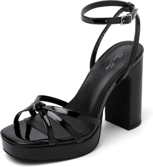 sun gurg Strappy Platform Heels for Women Square Open Toe Chunky High Heels Multicolored Ankle Strap Block Heeled Sandals for Prom Wedding Date Night