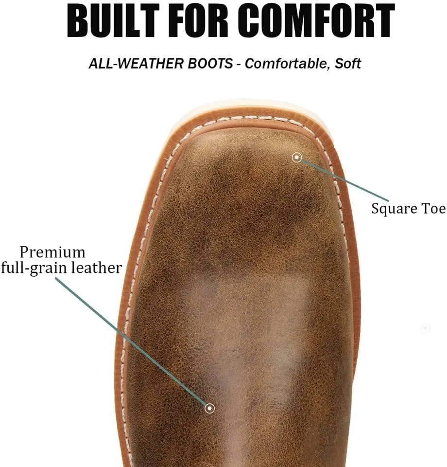 SUREWAY Western Boots - Men’s Square Toe Work Boot,Pull On Leather Wellington Boots,Durable Classic Slip Resistant Soft Toe Cowboy Boot