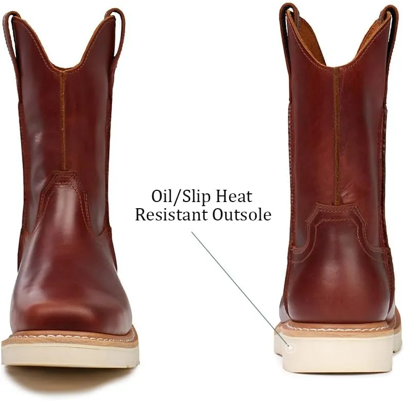 SUREWAY Western Boots - Men’s Square Toe Work Boot,Pull On Leather Wellington Boots,Durable Classic Slip Resistant Soft Toe Cowboy Boot